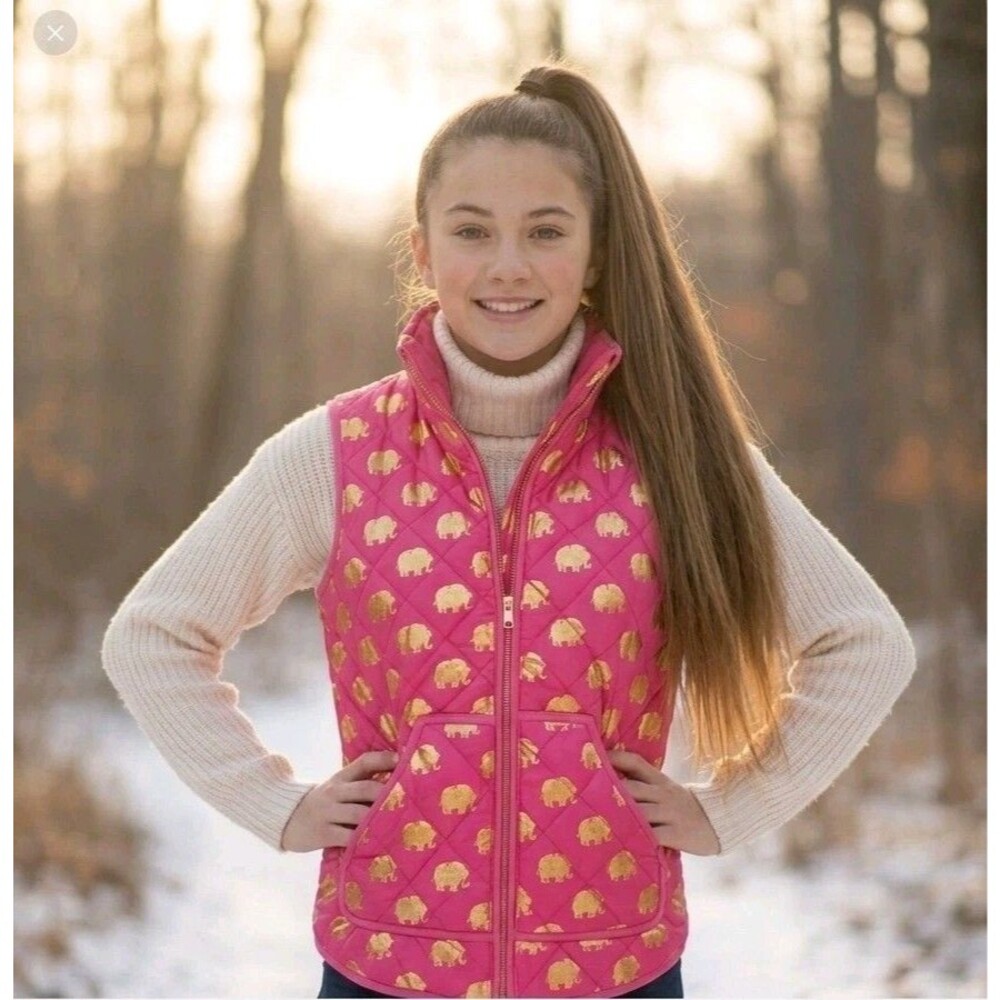 Simply Southern Girls Youth Large YL Puffer Vest Pink Gold Foil Elephant Coat L